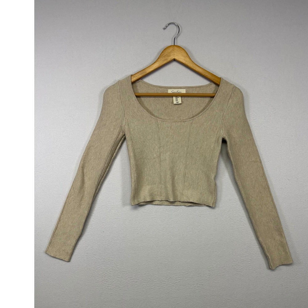 Minimalist‎ Jessica Simpson Womens XS Oatmeal Beige Ribbed Seam Crop Knit Top
